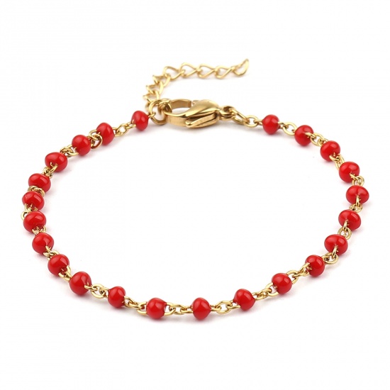 Picture of Stainless Steel Link Cable Chain Bracelets Gold Plated Red Enamel 17cm(6 6/8") long, 1 Piece