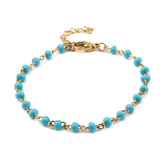 Picture of Stainless Steel Link Cable Chain Bracelets Gold Plated Blue Enamel 17cm(6 6/8") long, 1 Piece