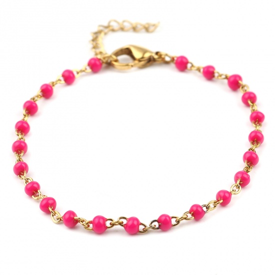 Picture of Stainless Steel Link Cable Chain Bracelets Gold Plated Fuchsia Enamel 17cm(6 6/8") long, 1 Piece