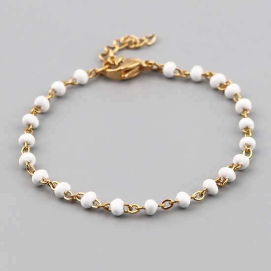 Picture of Stainless Steel Link Cable Chain Bracelets Gold Plated White Enamel 17cm(6 6/8") long, 1 Piece