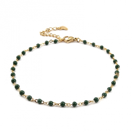 Picture of Stainless Steel Link Cable Chain Anklet Gold Plated Dark Green Enamel 23cm(9") long, 1 Piece