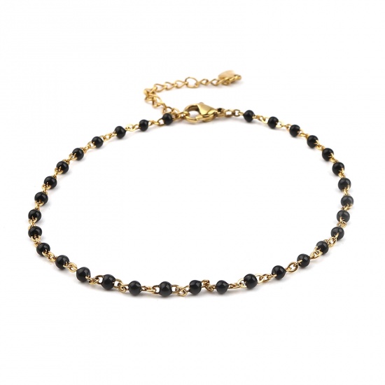 Picture of Stainless Steel Link Cable Chain Anklet Gold Plated Black Enamel 23cm(9") long, 1 Piece