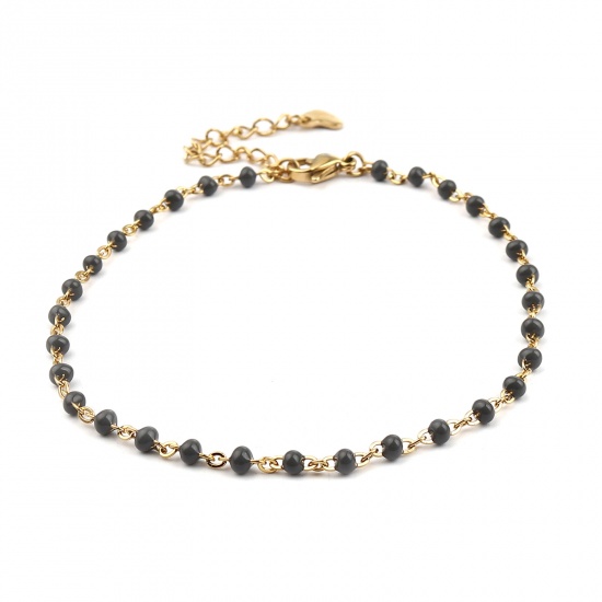 Picture of Stainless Steel Link Cable Chain Anklet Gold Plated Gray Enamel 23cm(9") long, 1 Piece
