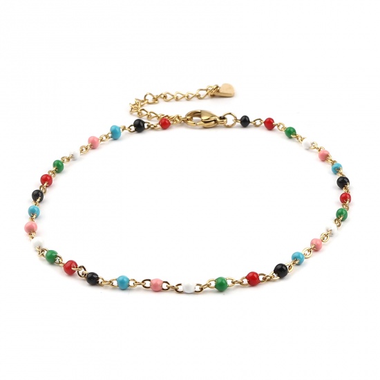 Picture of Stainless Steel Link Cable Chain Anklet Gold Plated Multicolor Enamel 23cm(9") long, 1 Piece