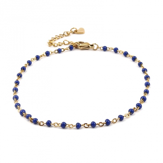 Picture of Stainless Steel Link Cable Chain Anklet Gold Plated Royal Blue Enamel 23cm(9") long, 1 Piece