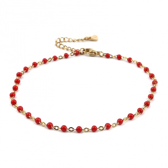 Picture of Stainless Steel Link Cable Chain Anklet Gold Plated Red Enamel 23cm(9") long, 1 Piece