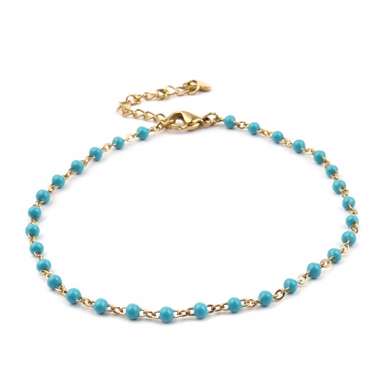 Picture of Stainless Steel Link Cable Chain Anklet Gold Plated Blue Enamel 23cm(9") long, 1 Piece