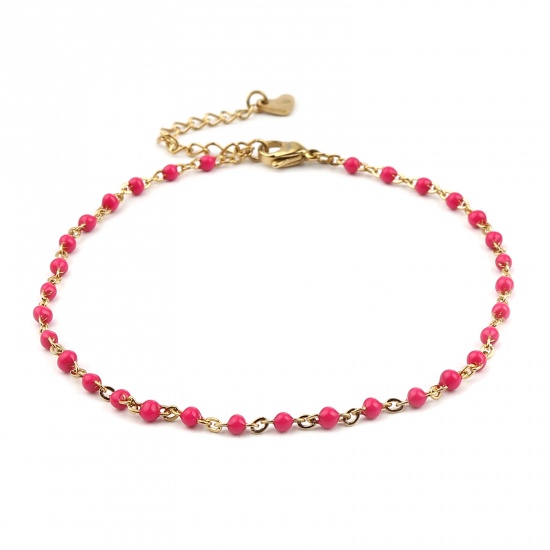Picture of Stainless Steel Link Cable Chain Anklet Gold Plated Fuchsia Enamel 23cm(9") long, 1 Piece