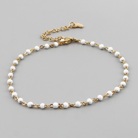 Picture of Stainless Steel Link Cable Chain Anklet Gold Plated White Enamel 23cm(9") long, 1 Piece
