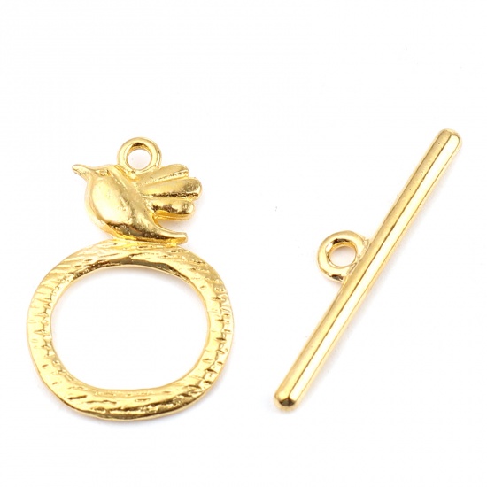 Picture of Zinc Based Alloy Toggle Clasps Circle Ring Gold Plated Bird 29mm x 6mm 26mm x 18mm, 20 Sets