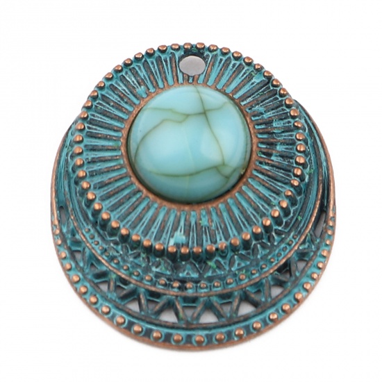 Picture of Zinc Based Alloy Patina Charms Round Antique Copper Blue Imitation Turquoise 26mm x 23mm, 5 PCs