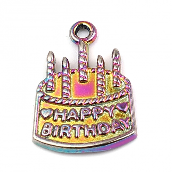 Picture of Zinc Based Alloy Charms Cake Multicolor Message " HAPPY BIRTHDAY " 22mm x 15mm, 10 PCs