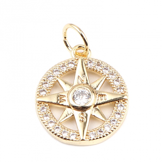 Immagine di Rame Galassia Charms 18K Oro riempito Tondo Stella Micro Spianare Trasparente Strass 19mm x 13mm, 2 Pz