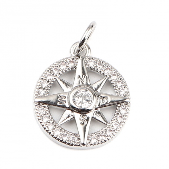 Immagine di Rame Galassia Charms 18K Platino Placcato Tondo Stella Micro Spianare Trasparente Strass 19mm x 13mm, 2 Pz