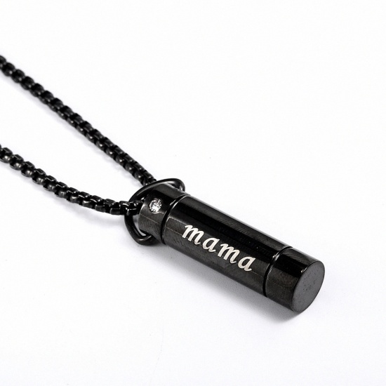 Picture of Stainless Steel Cremation Ash Urn Pendants Cylinder Black Message " Mama " Can Open 30mm x 9mm, 1 Piece