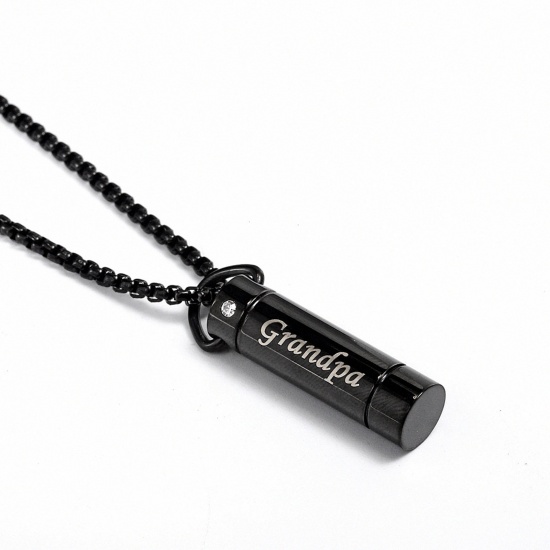 Picture of Stainless Steel Cremation Ash Urn Pendants Cylinder Black Message " Grandpa " Can Open 30mm x 9mm, 1 Piece