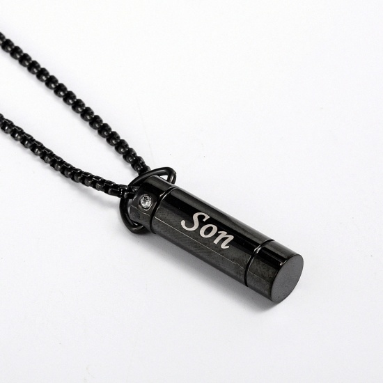 Picture of Stainless Steel Cremation Ash Urn Pendants Cylinder Black Message " Son " Can Open 30mm x 9mm, 1 Piece
