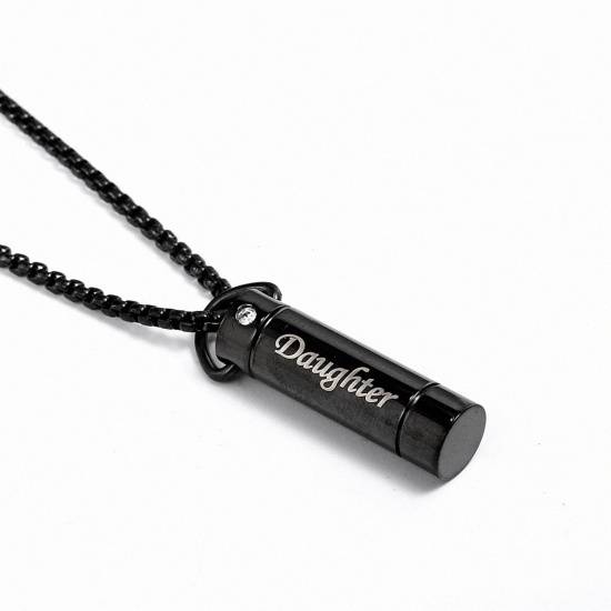 Picture of Stainless Steel Cremation Ash Urn Pendants Cylinder Black Message " Daughter " Can Open 30mm x 9mm, 1 Piece