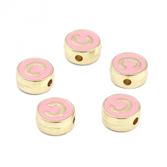 Picture of Zinc Based Alloy Spacer Beads Flat Round Gold Plated Pink Initial Alphabet/ Capital Letter Message " C " About 8mm Dia., Hole: Approx 1.5mm, 10 PCs