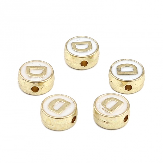 Picture of Zinc Based Alloy Spacer Beads Flat Round Gold Plated White Initial Alphabet/ Capital Letter Message " D " About 8mm Dia., Hole: Approx 1.5mm, 10 PCs