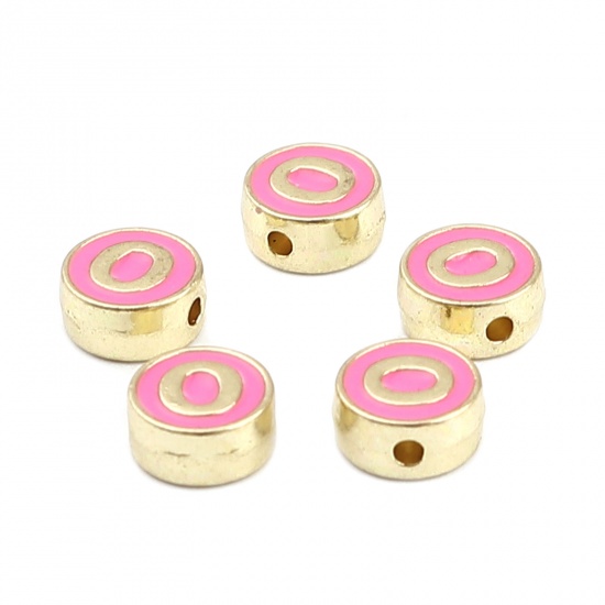 Picture of Zinc Based Alloy Spacer Beads Flat Round Gold Plated Fuchsia Initial Alphabet/ Capital Letter Message " O " About 8mm Dia., Hole: Approx 1.5mm, 10 PCs