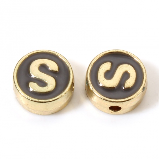 Picture of Zinc Based Alloy Spacer Beads Flat Round Gold Plated Gray Initial Alphabet/ Capital Letter Message " S " About 8mm Dia., Hole: Approx 1.5mm, 10 PCs