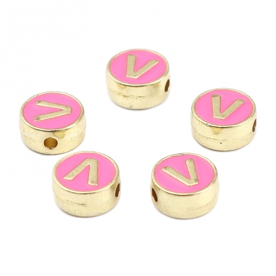 Picture of Zinc Based Alloy Spacer Beads Flat Round Gold Plated Fuchsia Initial Alphabet/ Capital Letter Message " V " About 8mm Dia., Hole: Approx 1.5mm, 10 PCs