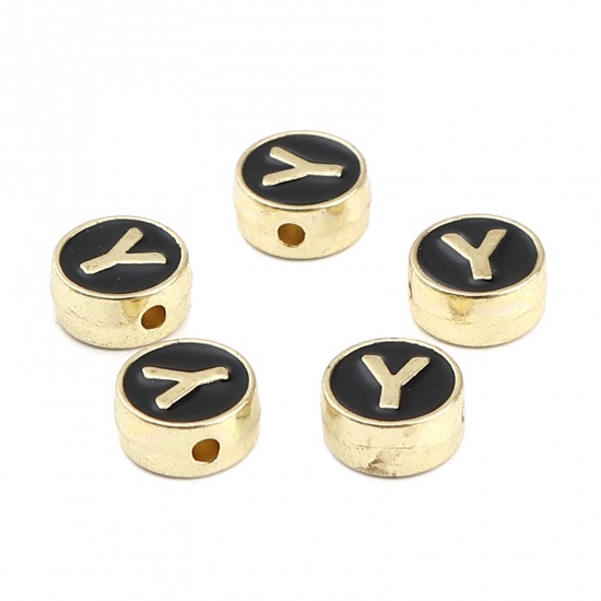 Picture of Zinc Based Alloy Spacer Beads Flat Round Gold Plated Black Initial Alphabet/ Capital Letter Message " Y " About 8mm Dia., Hole: Approx 1.5mm, 10 PCs