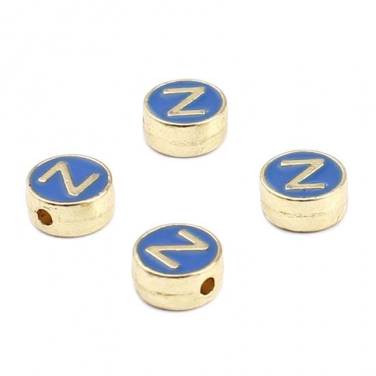 Picture of Zinc Based Alloy Spacer Beads Flat Round Gold Plated Blue Initial Alphabet/ Capital Letter Message " Z " About 8mm Dia., Hole: Approx 1.5mm, 10 PCs