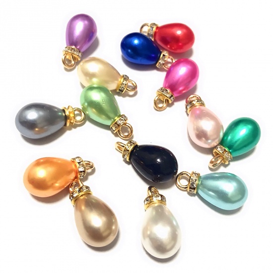 Picture of Zinc Metal Alloy & ABS Charms Drop At Random Color Imitation Pearl Clear Rhinestone 14mm - 10mm, 10 PCs
