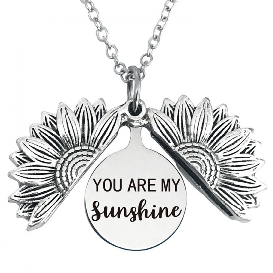 Picture of Stainless Steel Positive Quotes Energy Link Chain Findings Necklace Antique Silver Color Round Sunflower Message " YOU ARE MY Sunshine " Can Open 45cm(17 6/8") long, 1 Piece