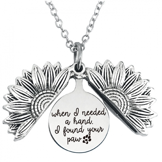 Picture of Stainless Steel Positive Quotes Energy Link Chain Findings Necklace Antique Silver Color Round Sunflower Message " When I needed a hand I found your paw " Can Open 45cm(17 6/8") long, 1 Piece
