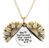 Picture of Stainless Steel Positive Quotes Energy Link Chain Findings Necklace Gold Tone Antique Gold Round Sunflower Message " She believed she could So she did " Can Open 45cm(17 6/8") long, 1 Piece