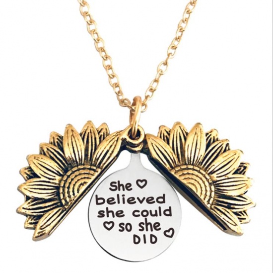 Picture of Stainless Steel Positive Quotes Energy Link Chain Findings Necklace Gold Tone Antique Gold Round Sunflower Message " She believed she could So she did " Can Open 45cm(17 6/8") long, 1 Piece