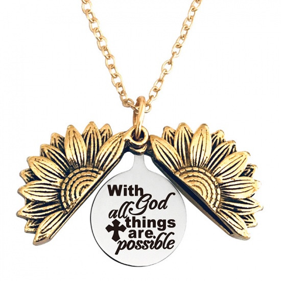 Picture of Stainless Steel Positive Quotes Energy Link Chain Findings Necklace Gold Tone Antique Gold Round Sunflower Message " With all things are possible " Can Open 45cm(17 6/8") long, 1 Piece
