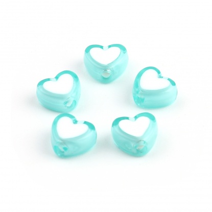 Picture of Acrylic Beads Heart Cyan About 8mm x 7mm, Hole: Approx 1.8mm, 300 PCs