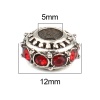 亜鉛合金 大穴ビーズ 銀古美 円形 レッド ラインストーン 12mmx 7mm 、 穴：約 5mm、 10 個 の画像