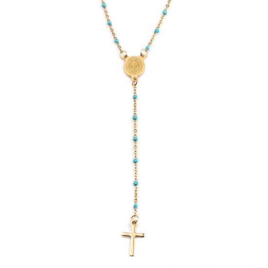 Image de Chaîne Maille Forçat Colliers en Acier Inoxydable Religieux Doré Bleu Croix Jésus Émail 49cm Long, 1 Pièce