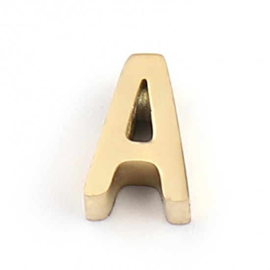 304ステンレス鋼 ビーズ レター 金メッキ 文字" A " 8mm x 5mm、 穴：約 1.4mm、 2 個 の画像