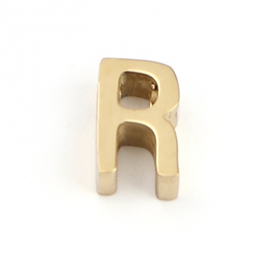 304ステンレス鋼 ビーズ レター 金メッキ 文字" R " 8mm x 5mm、 穴：約 1.4mm、 2 個 の画像