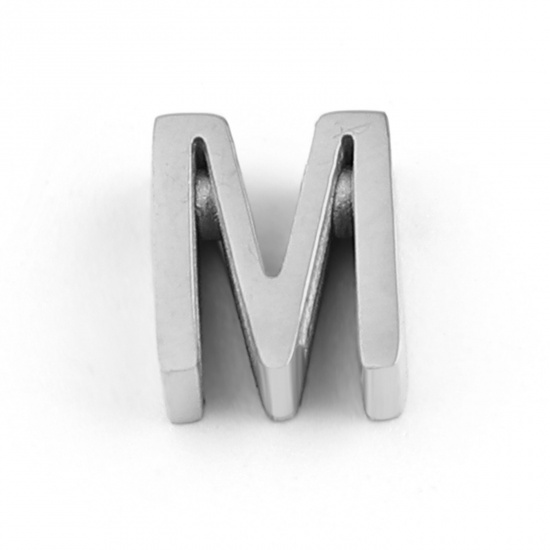 Image de Perles en 304 Acier Inoxydable Lettre Argent Mat Message " M" 8mm x 6mm, Trou: env. 1.5mm, 3 Pcs