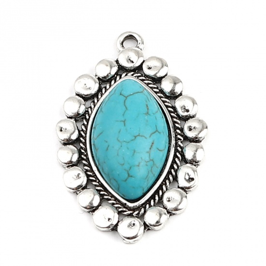 Picture of Zinc Based Alloy & Acrylic Boho Chic Bohemia Pendants Marquise Antique Silver Color Green Blue Imitation Turquoise 37mm x 24mm, 5 PCs