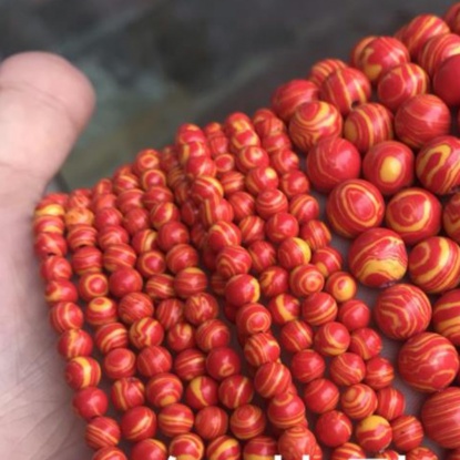 Изображение Малахит ( Синтетический ) Бусины Круглые Красный & Желтый Крашеный 4мм диаметр, 39см - 38см длина, 1 Нитка (Примерно 90 шт/Нитка)