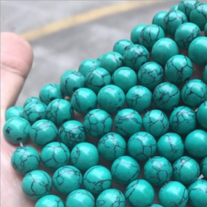 Image de Perles en Turquoise ( Synthétique) Rond Motifs Fissurés Vert 8mm Dia, 1 Enfilade (Env. 48 Pcs/Enfilade)