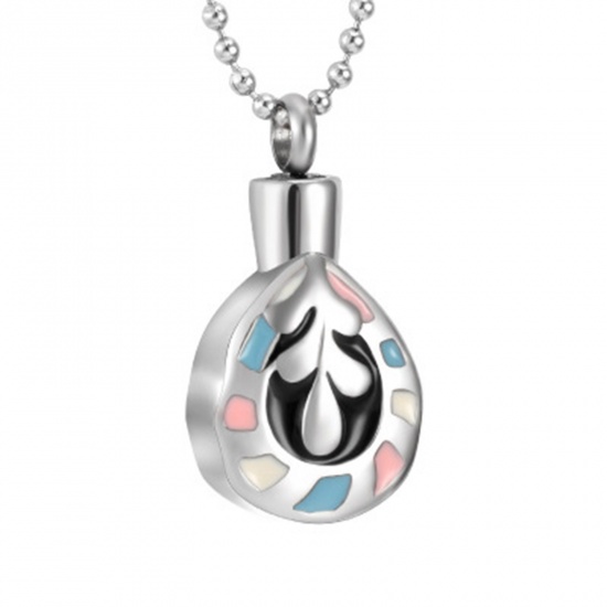 Picture of Stainless Steel Cremation Ash Urn Pendants Drop Silver Tone Multicolor Can Open 30mm x 20mm, 1 Piece