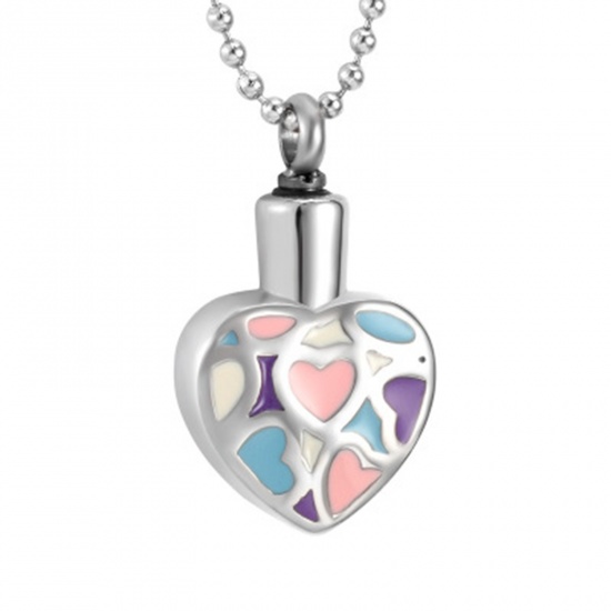 Picture of Stainless Steel Cremation Ash Urn Pendants Heart Silver Tone Multicolor Can Open 30mm x 20mm, 1 Piece