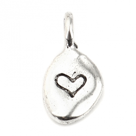 Picture of Zinc Based Alloy Valentine's Day Charms Oval Antique Silver Color Heart 18mm x 9mm, 30 PCs