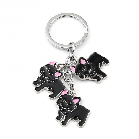 Picture of Keychain & Keyring Silver Tone Black Bulldog Animal Enamel 90mm, 1 Piece