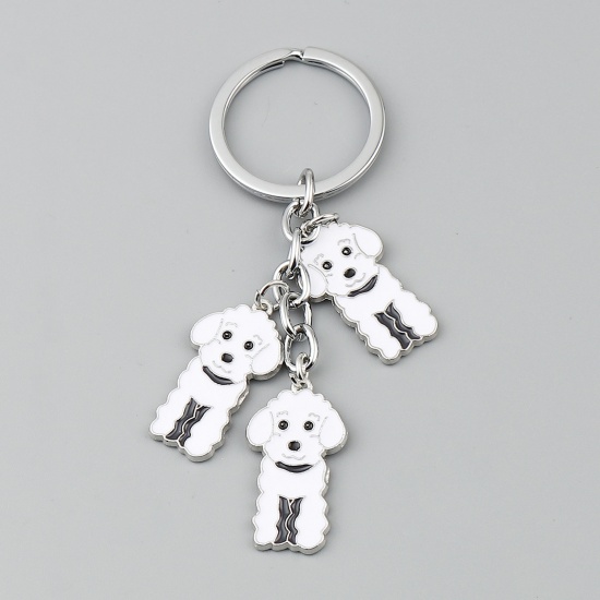 Picture of Keychain & Keyring Silver Tone White Poodle Animal Enamel 9.8cm, 1 Piece