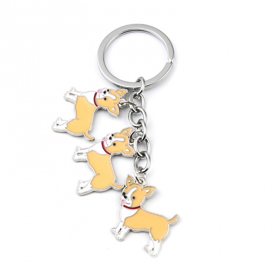 Picture of Keychain & Keyring Silver Tone Yellow Chihuahua Dog Enamel 95mm, 1 Piece